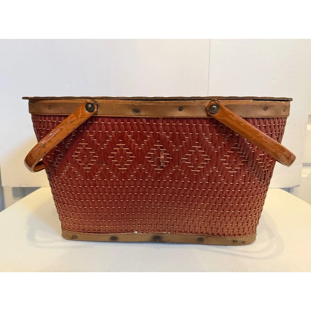 Vintage Redman Woven Picnic Basket Dark Red Wood Lid Double Metal Handles